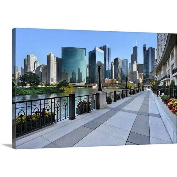 Great BIG Canvas | "Sidewalk Skyline River" Canvas Wall Art - 36x24