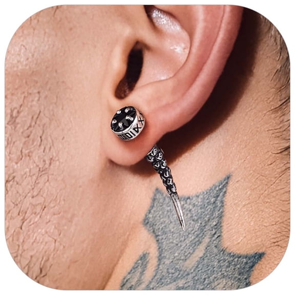 Bandmax Stainless Steel Black Earrings for Men Women Viking Norse Wolf Teeth Ear Studs Punk Rock Biker Style Piercing Jewelry Gift for Son Grandson Husband