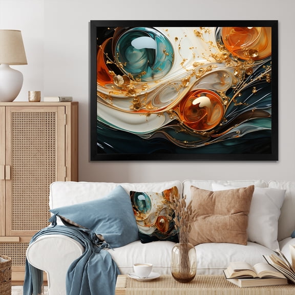 Designart "Ripple Waves Melody Orange and Gold Harmony V" Abstract Framed Wall Art Decor - Modern Orange Abstract Painting Bedroom Framed Canvas Wall Art