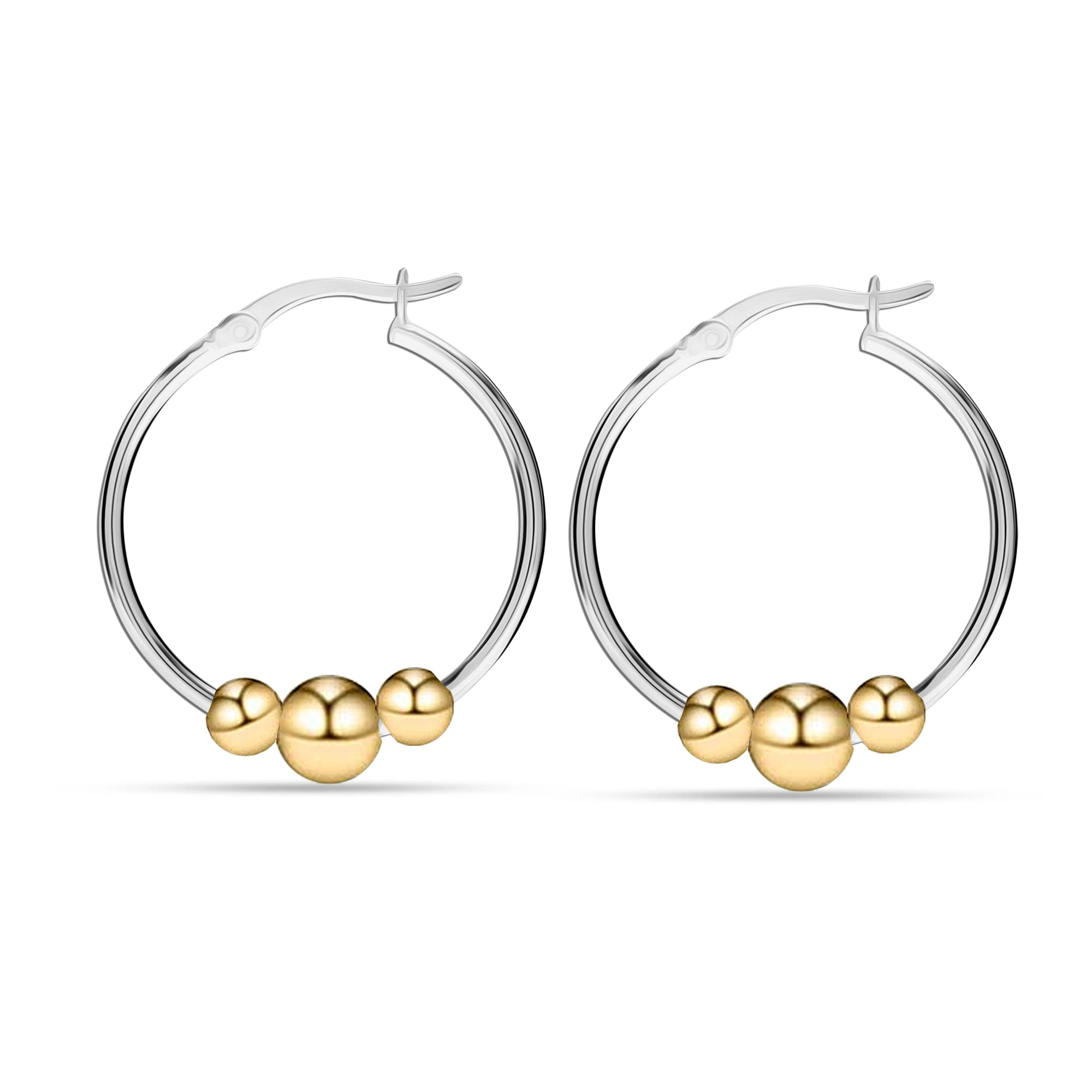 LeCalla 14K Gold-Plated 925 Sterling Silver Light-Weight Round Two-Tone Earring Hoops Jewelry Bead Ball Hoop Earrings for Women 28MM