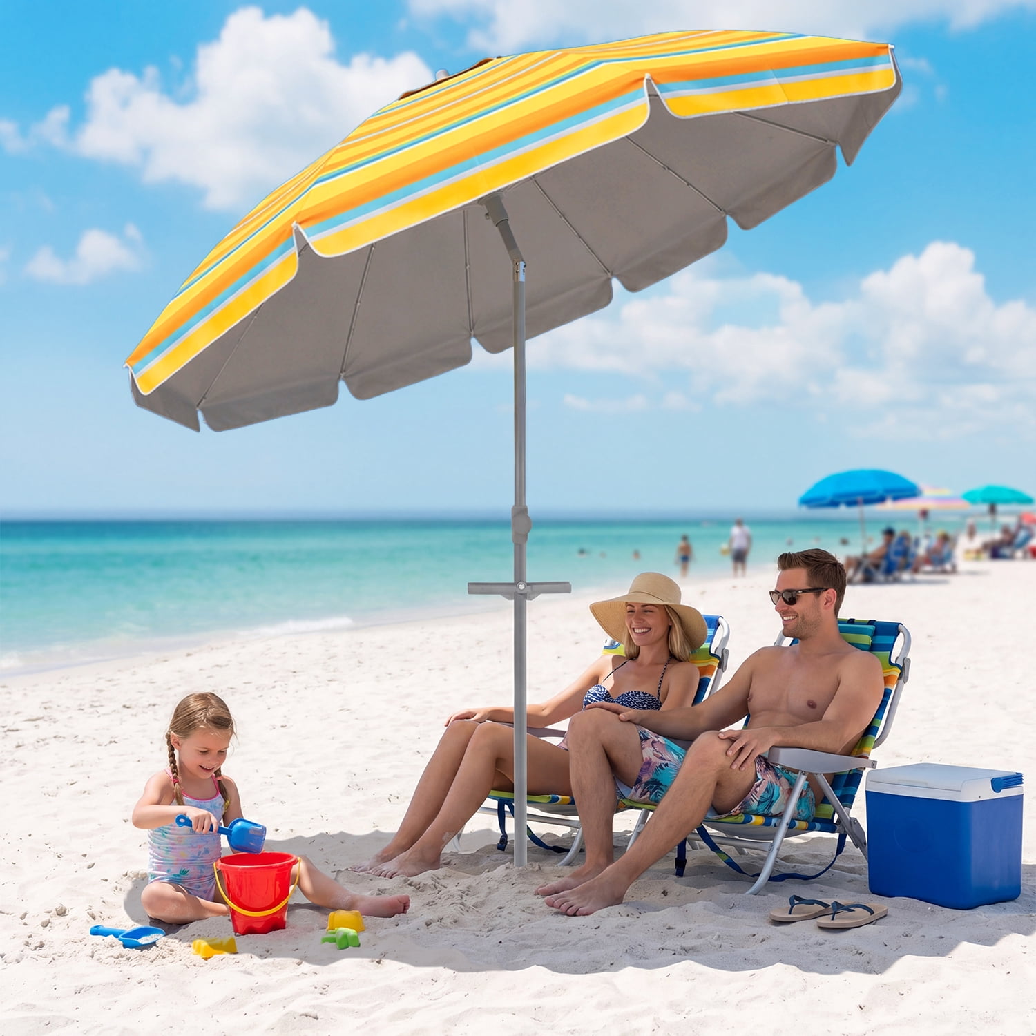 Beach Umbrella for Sand with Sand Anchor & Tilt, 7ft Beach Umbrella for Heavy Duty Wind Portable with Carry Bag and Hook, for Patio Pool Sea
