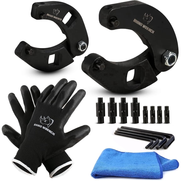 Rhino Gland Nut Wrench Set, 2-Piece Adjustable Hydraulic Cylinder Spanner Wrench Kit w/ Gloves, Microfiber Towel, Pins & Allen Wrenches