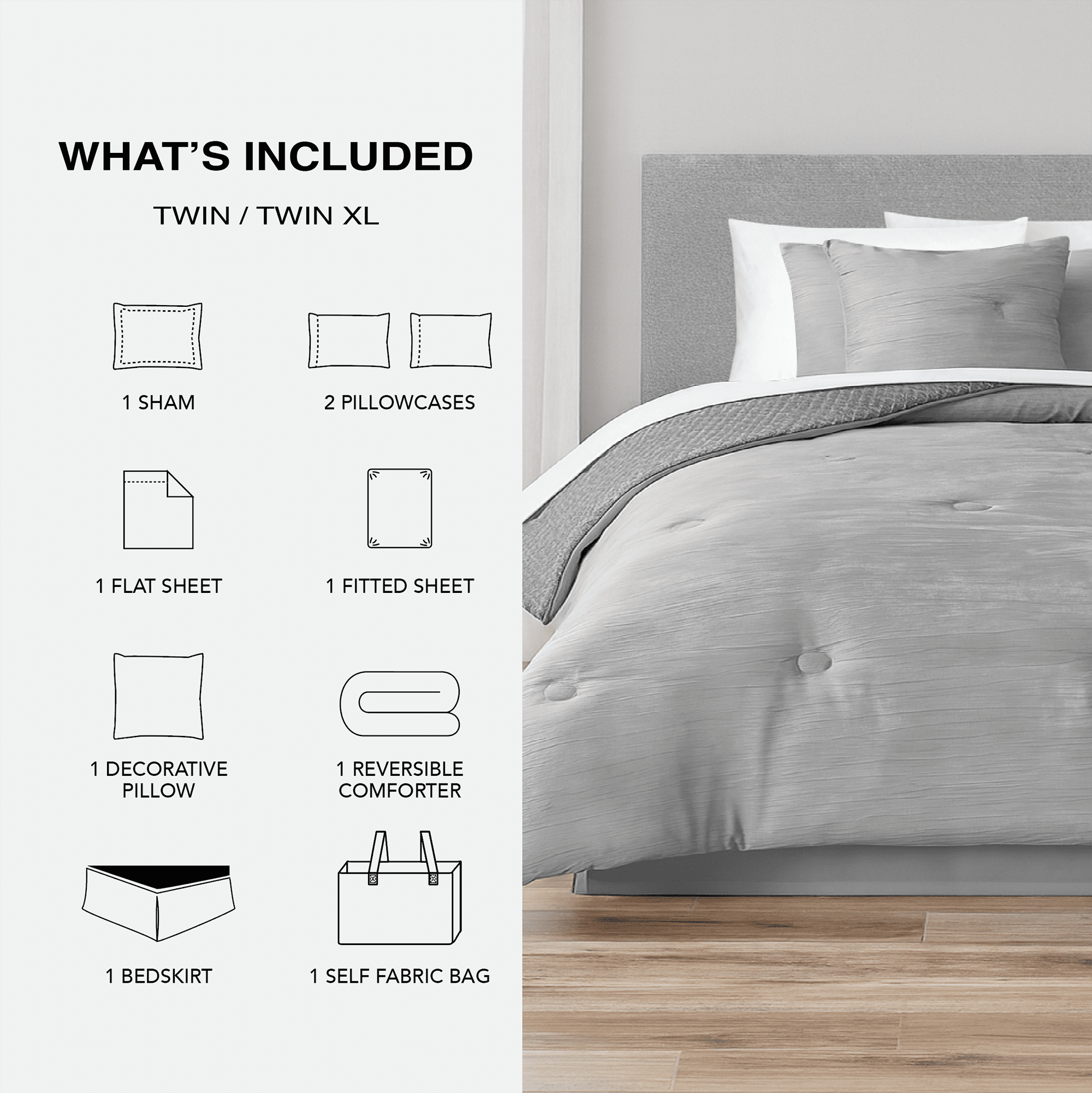 Mainstays 8-Piece Bed-in-a-Bag Comforter Set with Sheets, Gray Crushed Velvet, Twin/Twin XL, Unisex