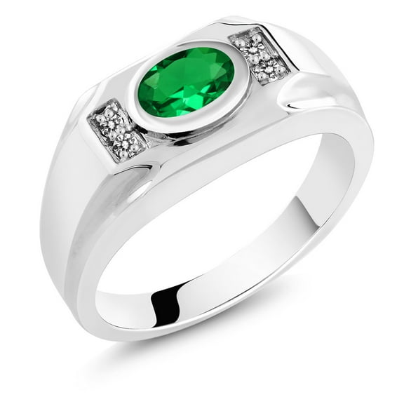 Gem Stone King Men's 925 Sterling Silver Green Nano Emerald and White Diamond Ring (1.28 Cttw, Gemstone May Birthstone, Oval 8X6MM,, Size 9)