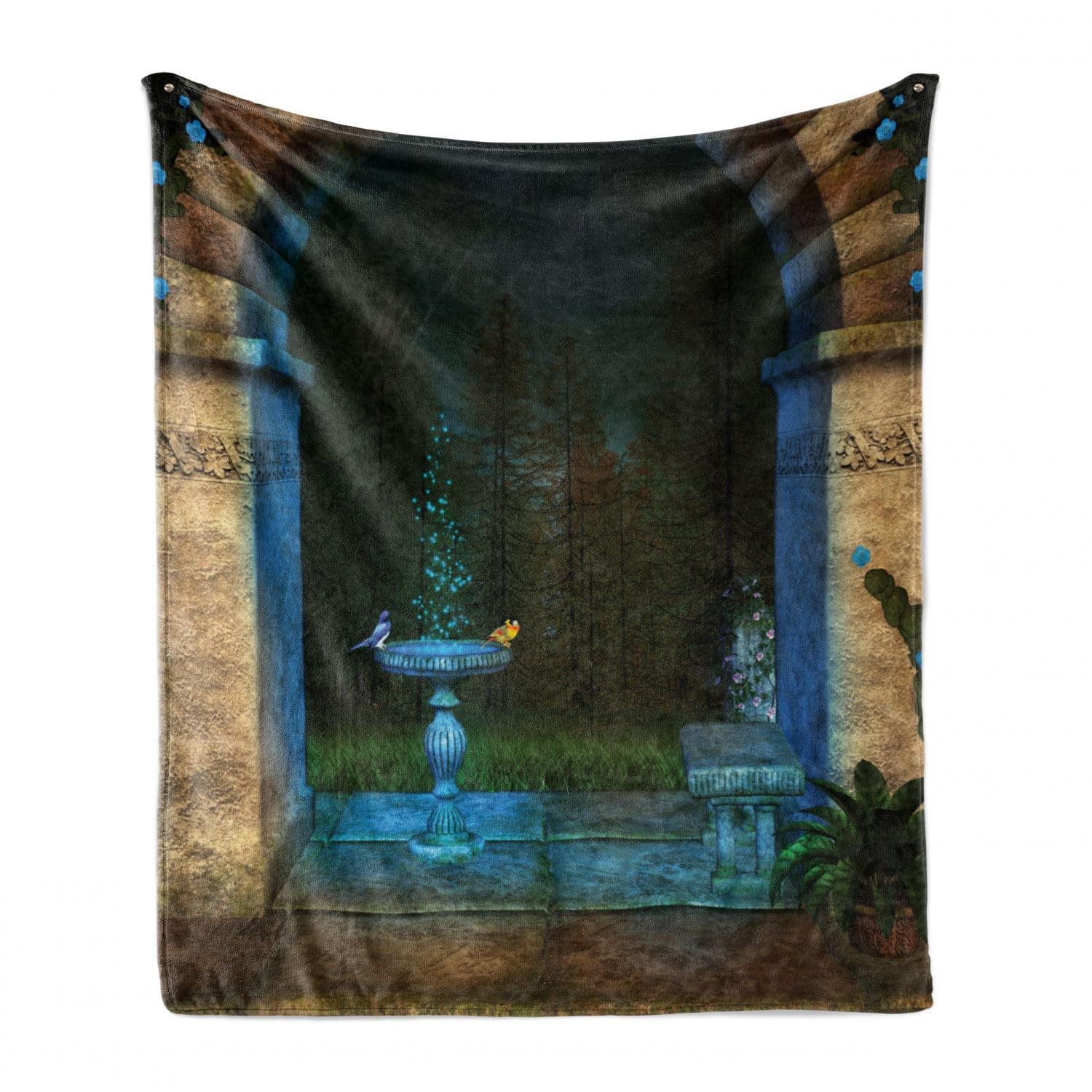Ambesonne Gothic Soft Flannel Fleece Throw Blanket Forest Landscape from Archway Birds on Fountain Illustration Cozy Plush for Indoor and Outdoor Use Blue Grey Green 50 x 60 