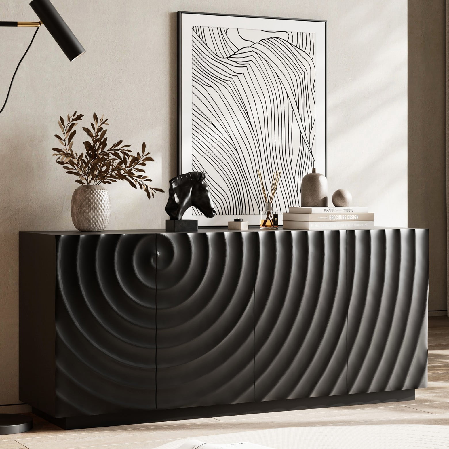 Modern 59" Buffet Cabinet with Storage, 4-Door Wave Textured Sideboard, Black Accent Console Table, Floor Standing Credenza for Living Room Kitchen, Black
