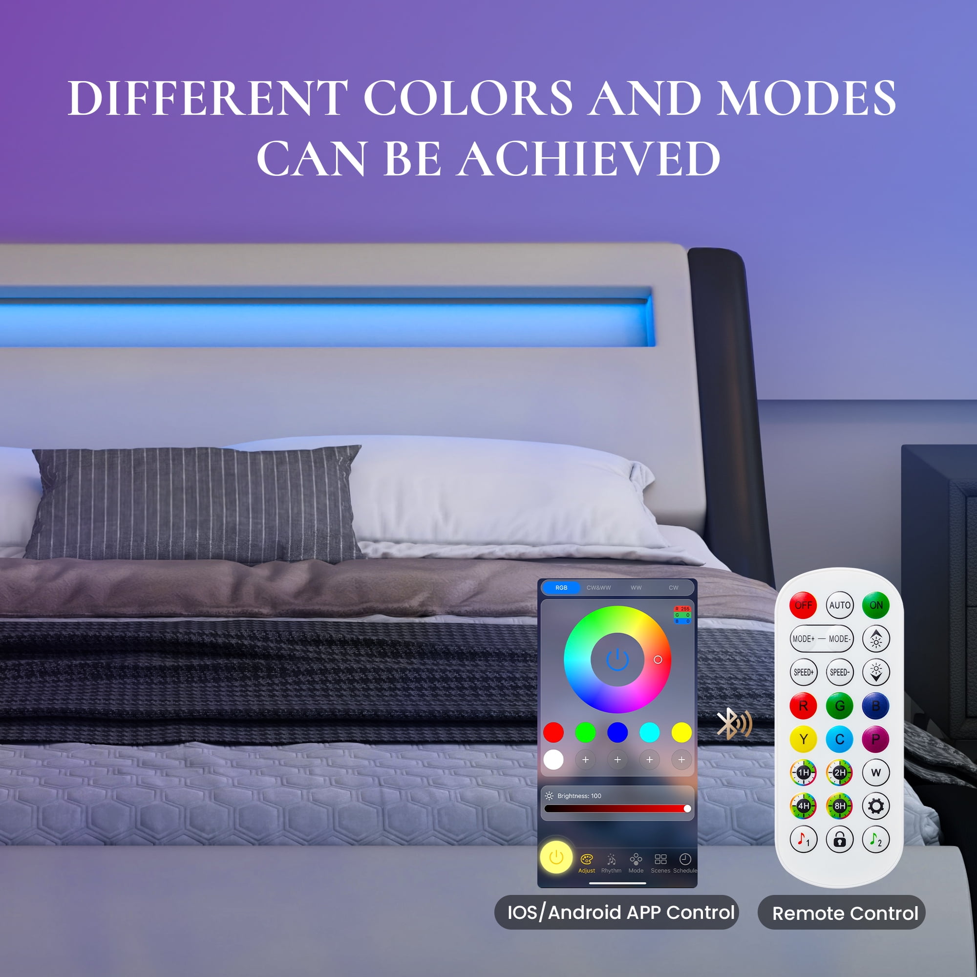Sha Cerlin Full Size Wave-Like Curve PU Leather Platform Bed Frame with Adjustable Headboard and LED Lights, White+Black