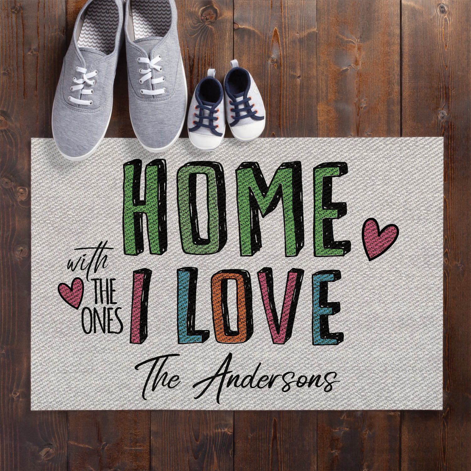Personalized Planet 27x18 Home With The Ones I Love Doormat with Custom Family Name Printed on Gray Rectangular 1/4” Thick Non Slip Mat for Kitchen Hallway Deck or Porch