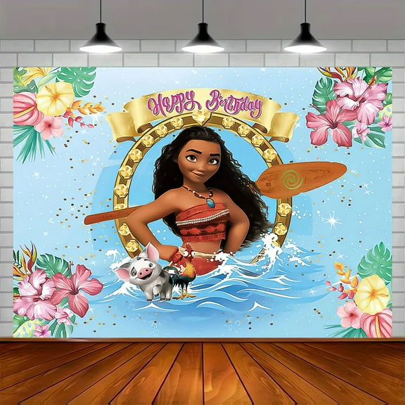 Moana's happy birthday! A vibrant polyester party banner with castles, cars and holiday decorations for indoor/outdoor celebrations, indoor and outdoor banners | Colorful birthday theme