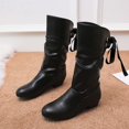 thumbnail image 6 of FRSASU Women's Faux Leather Slouch Mid‑Calf Boots Ruched Shaft Back Lace‑Up Tie Detail Round Toe Low Block Heel Pull‑On Casual Mid Boots Black, 6 of 6