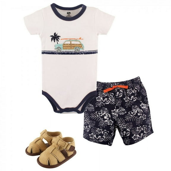 Hudson Baby Infant Boy Cotton Bodysuit, Shorts and Shoe 3pc Set, Surf Car, 0-3 Months