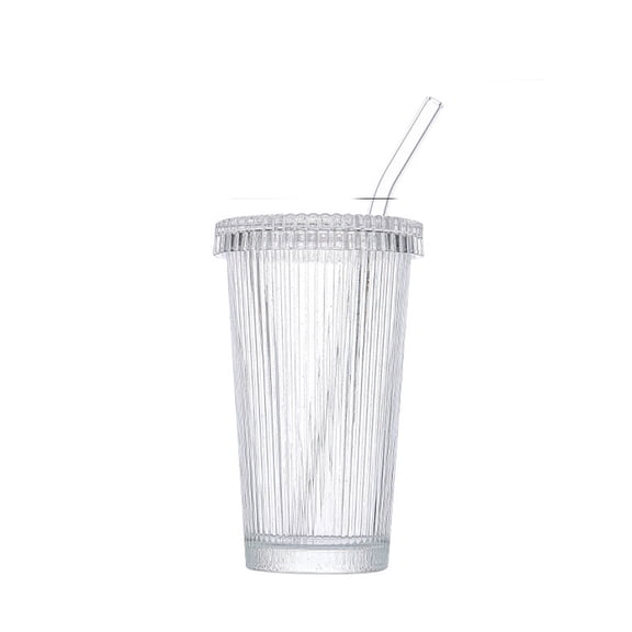 BPPEG Glass 21Oz Tumbler Ribbed with Glass Lid and Straw Iced Coffee Cups with Lids