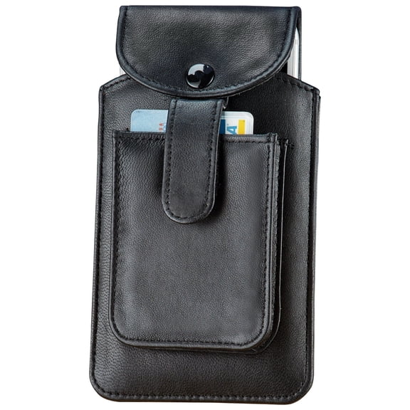 Collections Etc Genuine Leather Hands Free Cellphone Holder | Attaches to Belt | Front Pocket Holds Credit Cards, Cash, IDs | Soft Black