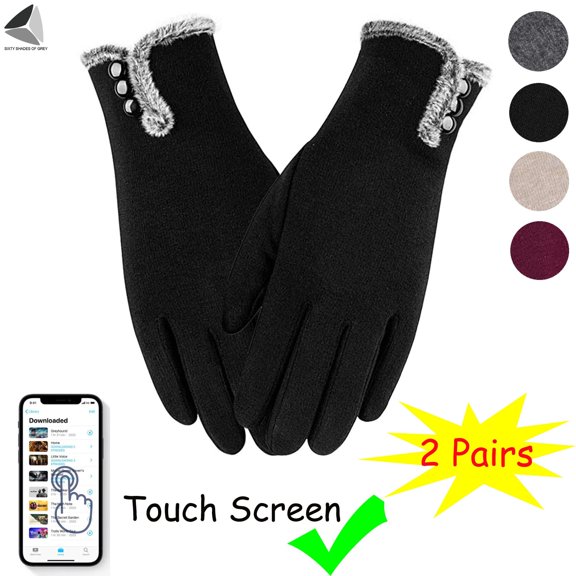 PULLIMORE 2 Pairs Women Winter Gloves Warm Touchscreen Gloves Fleece Liner Windproof Gloves for Winter Warm Using (Black)