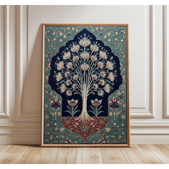 Persian Floral Wall Art Intricate Middle Eastern Pattern Teal Navy, Unframed Canvas