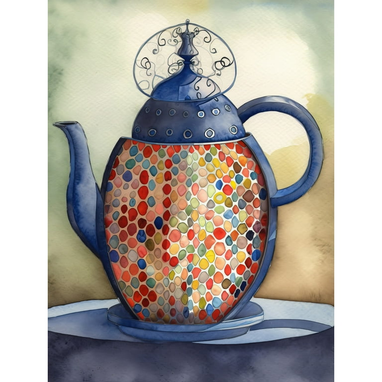 Enamelled Teapot Colourful Tea Kettle Modern Folk Art Watercolour