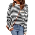thumbnail image 6 of Women's Crewneck Striped Soft Pullover Top - Long Sleeve Short Length Shirt with Chest Pocket, 6 of 10