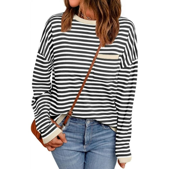 CAILDANL Womens Striped Soft Knit Pullover Sweater Loose Fit Shirts with Chest Pocket