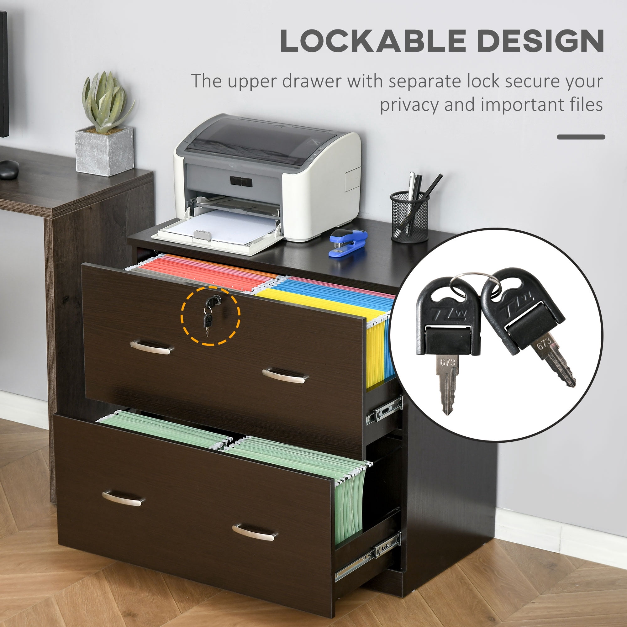 Vinsetto 2-Drawer File Cabinet with Lock and Keys, Lateral Storage Filing Cabinet with Hanging Bar for Letter Size, Home Office, Espresso