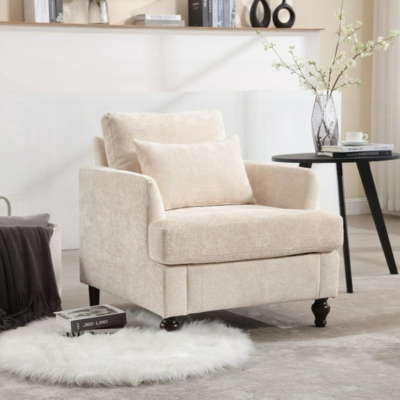Comfy Chenille Accent Chair | Solid Wood Frame, Mid Century Modern | Living Room, Bedroom