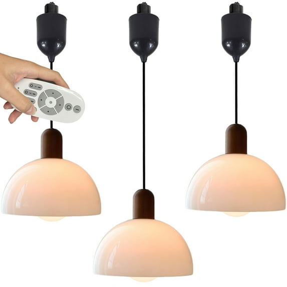 FSLiving Adjustable Height Dimmable H-Type Track Lighting Pendants with Retro White Glass Hand-Made Shade,Smart Group Control with Stepless Dimming 4ft Cord Wood Socket for Rent Room - Set of 3