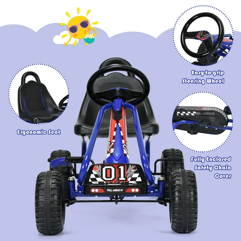 Gymax Kids Pedal Go Kart 4 Wheel Ride On Toys w/ Adjustable Seat &  Handbrake Blue 