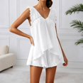 thumbnail image 2 of Likimi Womens Two Piece Set Solid Color Sleeveless V Neck Hollow Out Lace Trim Summer Tops With Shorts Soft Fashionable Outfit Set White Size Xl, 2 of 5