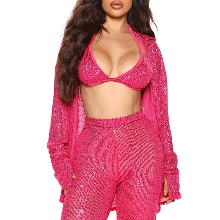 

BJUTIR Cardigans For Women Trendy V Neck Sequin Bra Camisole Long Sleeve Cardigan Party Club Basic Crop Top Streetwear Two Pieces Sets Hot Pink