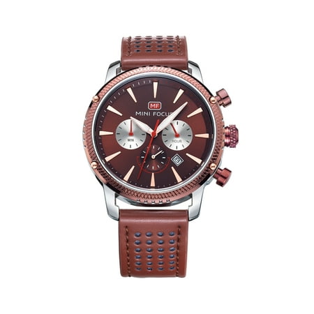 Mens Quartz Watch Brown Dial Leather Strap Minute Subdial Date Display for Friends Lovers Best Holiday Gift