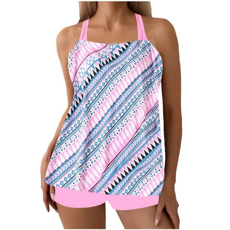 Wyobmus Tankini Swimsuit for Women Vintage Printed Bathing Suit Crossback Strap Adjustable Summer Tank Top Two Piece Swimwear With Boyshorts Purple