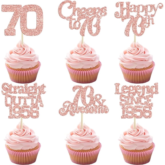 12Pcs Rose Gold Glitter 70th Birthday Cupcake Toppers, Legend Since 1956, Cheers to 70 Picks for 70th Birthday Party Cake Decorations