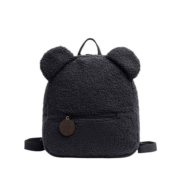Unisex Plush Backpack Cute Mini Kawaii Bear Ears Lamb Wool Adjustable Strap Lightweight Portable Bag Black