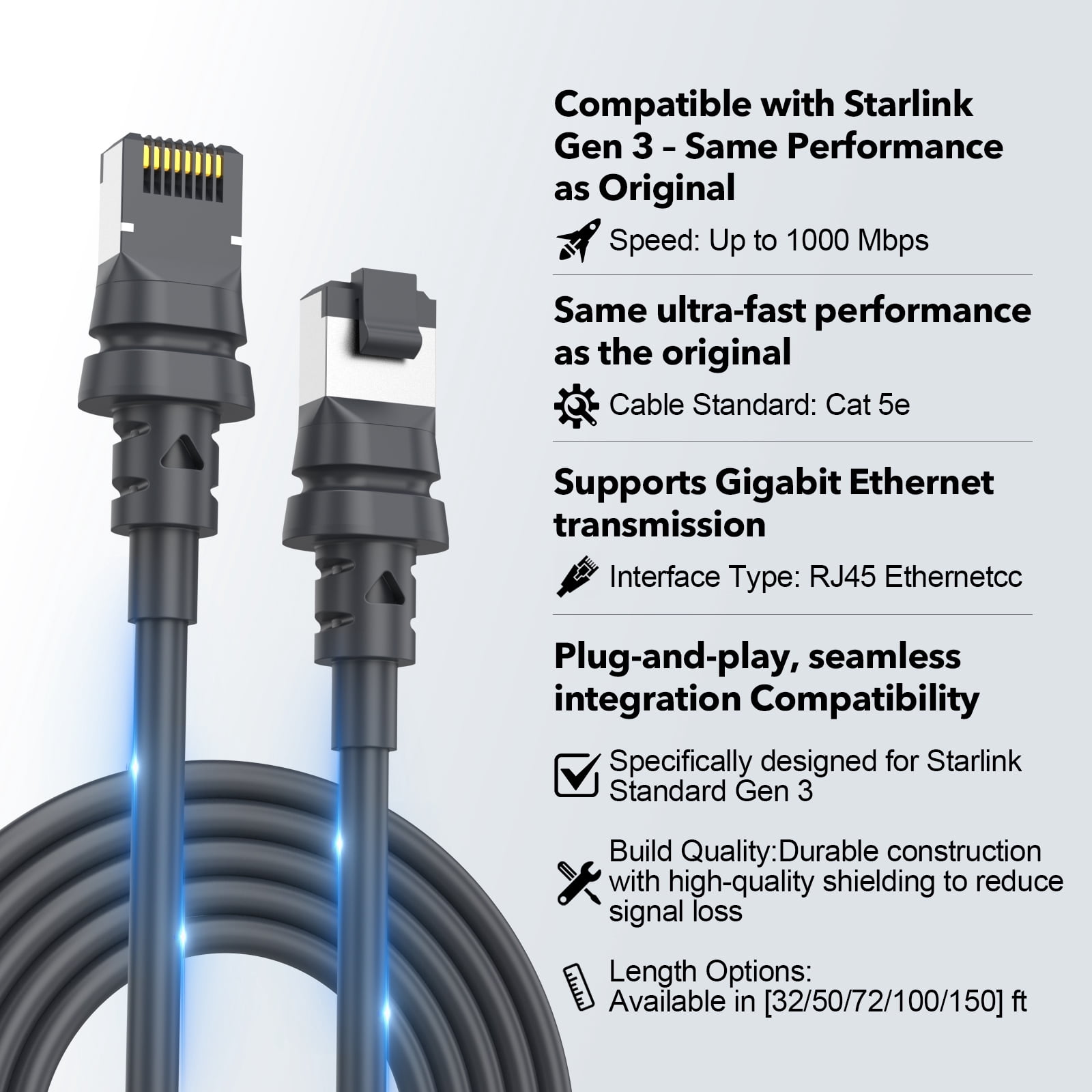 For 32ft Starlink Gen 3 Cable - 32/50/75/100/150ft Starlink Replacement Cable, High-Speed Satellite Internet Accessory & Extension Cord for Star Link V3 Dish