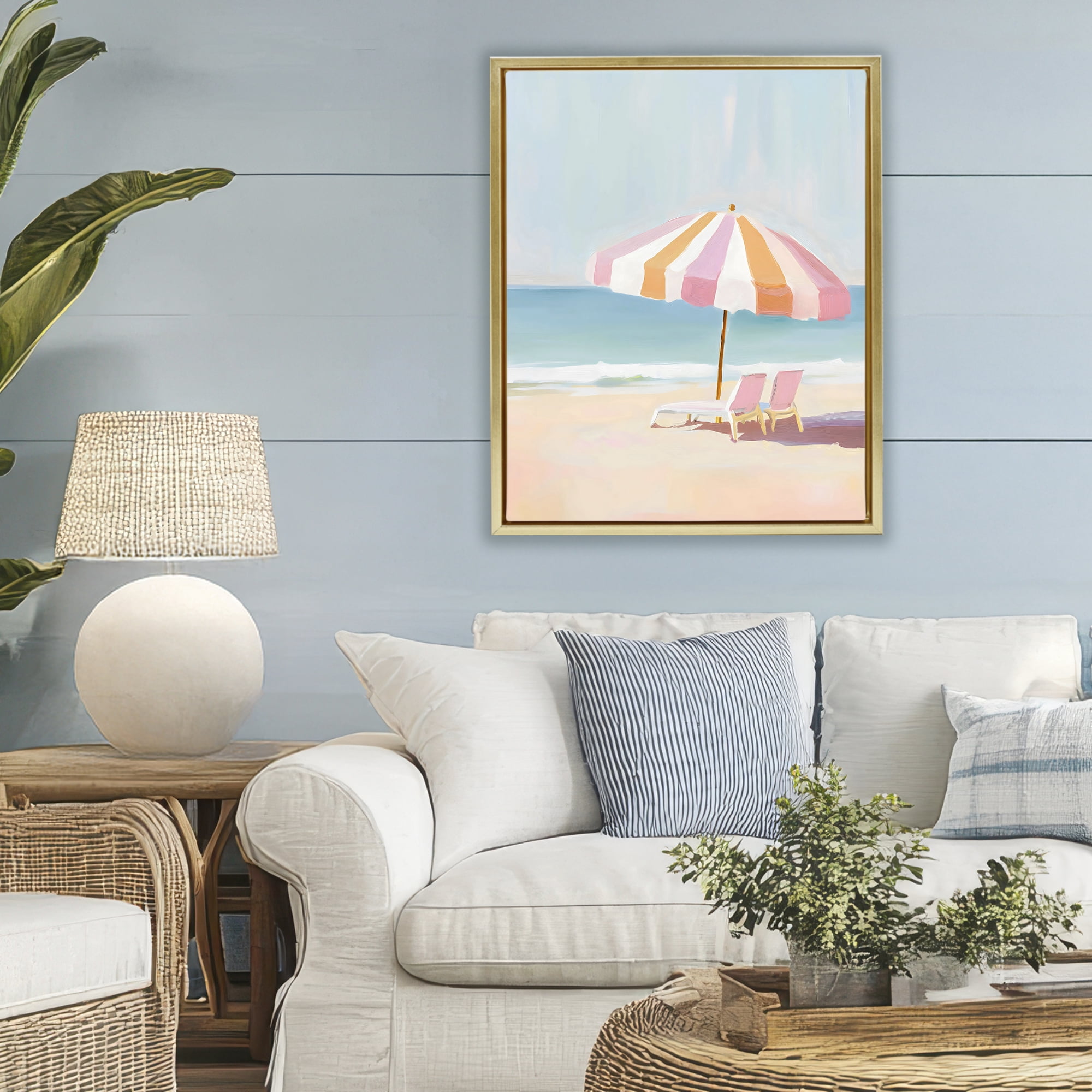 Stupell Industries Striped Umbrella & Chairs Gold Framed Floater Canvas Wall Art, design by The Prints Vibe