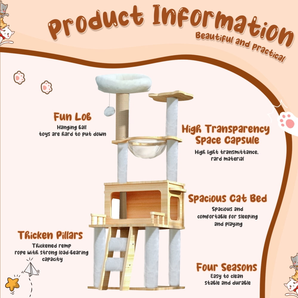 Modern Cat Condo Tower with Bowl, 57.8-Inch Tall Design for Multi-Cat Homes