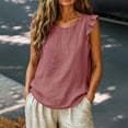 thumbnail image 3 of Women's Cotton Linen Ruffle Sleeve Tank Tops Summer Casual Round Neck Sleeveless Blouse (S,Watermelon Red), 3 of 9