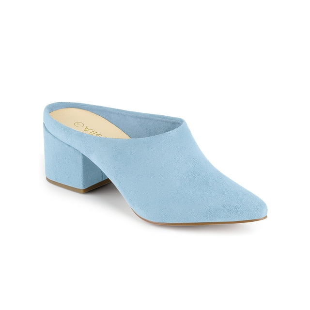 BLISSFUL STEP Women's Slides Chunky High Heels Slip on Pointed Toe Slide Mules Sky Blue 5.5