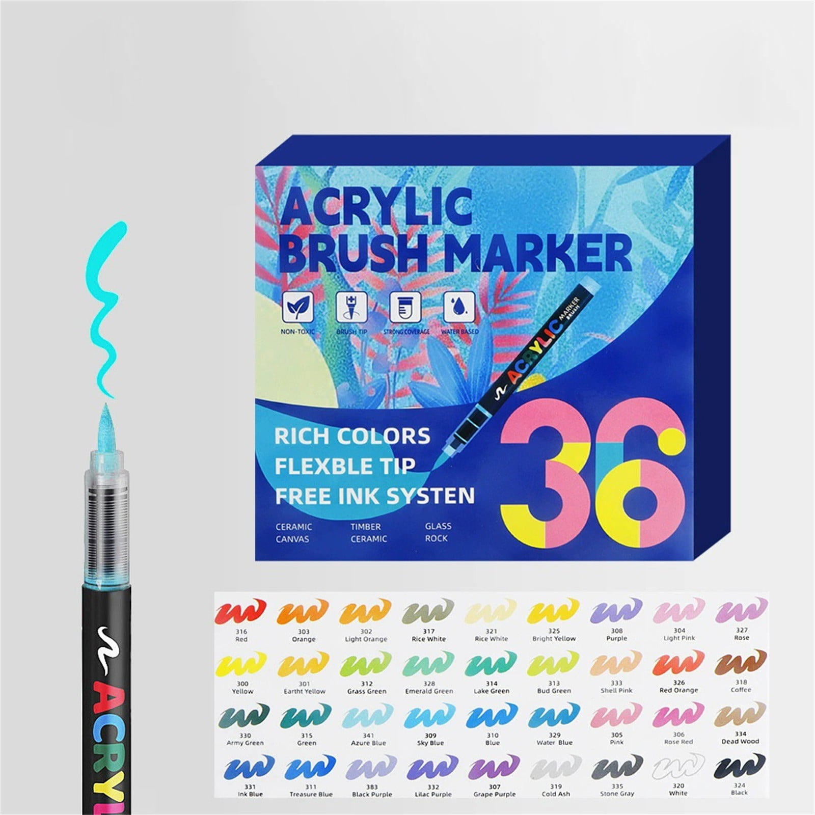 CoreLiving Paint Markers Acrylic Brush Pens 36 Count No Bleed Quick-Dry Paint for Fabric Wood Rocks Canvas Glass Ceramic Craft Projects