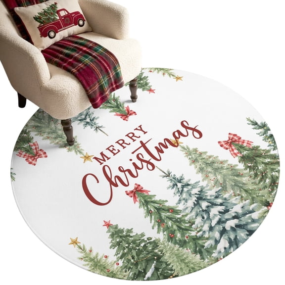 Merry Christmas Washable Round Area Rug 3 ft, Cottagecore Pine Tree White Soft Non‑Slip Rugs Stain Repellent Indoor Mats for Entryway, Bathroom, Bedside, Hallway Nook