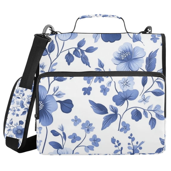 Blue Florals Leaves Pastel Style Binder Bag with Shoulder Strap 3 Ring Zipper Binder File Folder Document Storage
