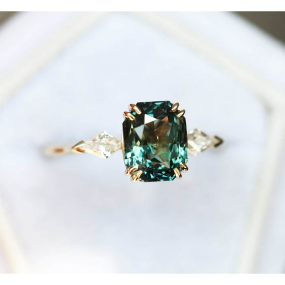 Sapphire engagement ring, Unique teal sapphire Bicolor green blue ring 925Silver yellow gold Plated Ring Gift For Love