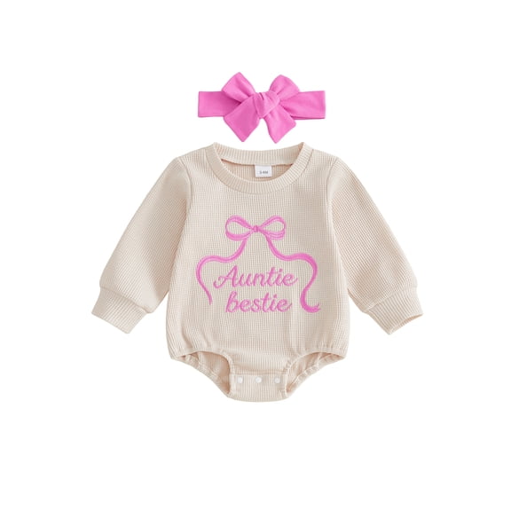 Cjfdfy Newborn Girl Outfit Long Sleeve Crew Neck Letters Bow Romper With Hairband Fall Clothes Aunties Bestie Baby Girl Clothes Letter Embroidery Waffle Fall Bodysuit Coming Home Outfit