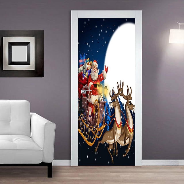 77 x 200cm Door StickerGSticker Door Poster 3D Santa Claus Giving Children Christmas Gifts Vinyl Door Poster Wall Sticker Wallpaper Art Decor