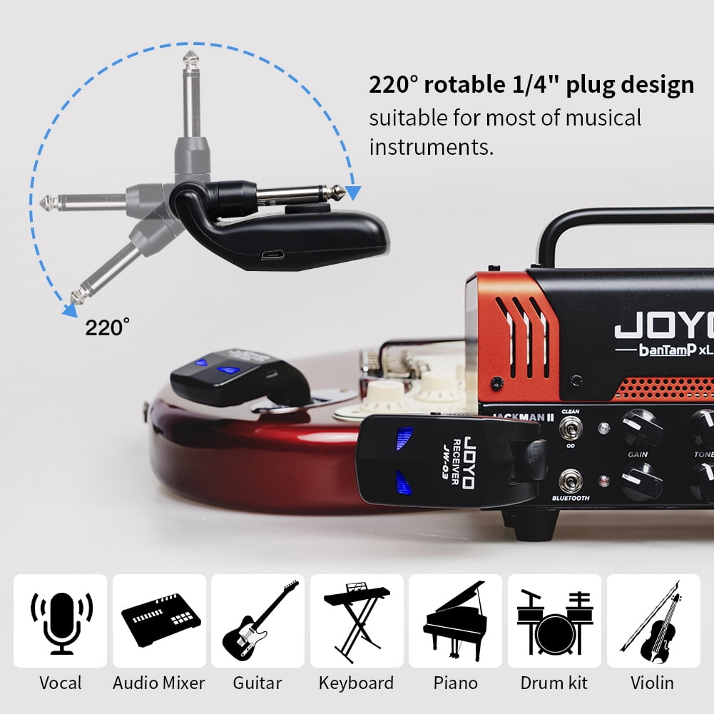 JOYO JW-03 Rugged ABS Wireless Guitar Transmitter Receiver System, 2.4GHz 4 Channels Rechargeable, 220° Rotatable Plug for Live Performance