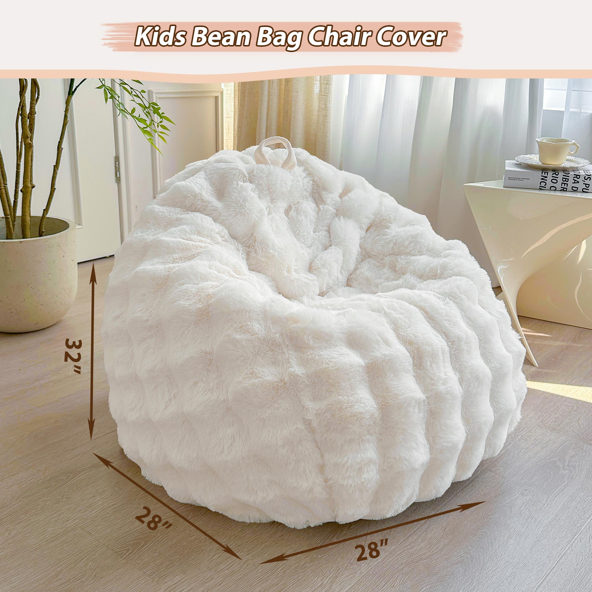 LIFEREVO Kids Fluffy Faux Rabbit Fur Bean Bag Chair Cover (No Filler), Soft Luxury Fuzzy Stuffed Animal Storage Bubble Bean Bag Home Decor, Comfy Shaggy Furry Beanbag Cover Kids Girls Adults, Beige