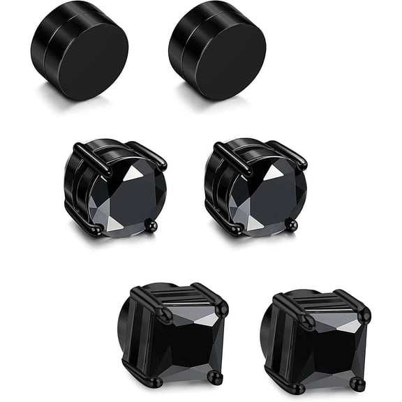 3 Pair Men Women Stainless Steel Magnetic Stud Earrings Non-Piercing Clip on Black Silver E41