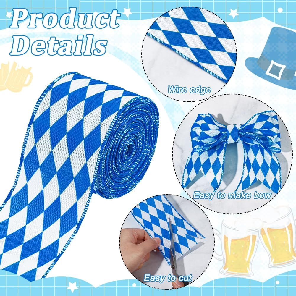 20yards Oktoberfest Wired Edge Ribbon 2.5" Blue and White Checkered Ribbon Polyester Plaid Gingham Ribbons Hanukkah Decorative Ribbons DIY