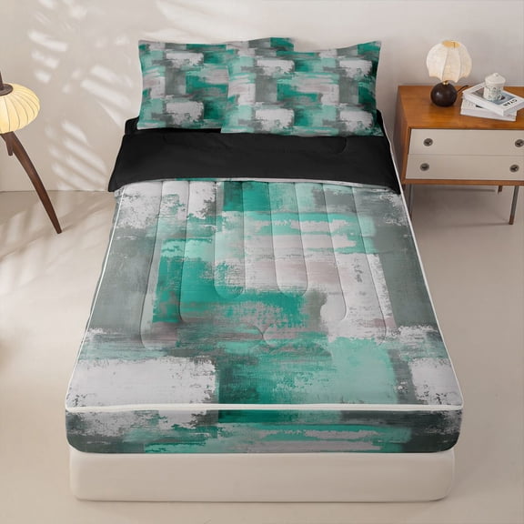 Homewish Green Geometric Grid Zipper Twin Comforter Sets with Fitted Sheet and 2 Pillowcases,Abstract Art Zipper Bedding Set,Black Reversible,4pcs