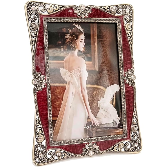 4x6 Vintage Red Metal Picture Frame, Antique Enamel Luxury Photo Frame with Glass Front, Horizontal Or Vertical, Retro Decoration, Anniversary Birthday Wedding Gift