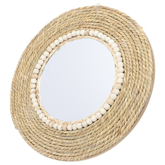 FONDOTIN  Hanging Circle Mirror Woven Rattan Wall Mirrors Makeup Frame Office Brown